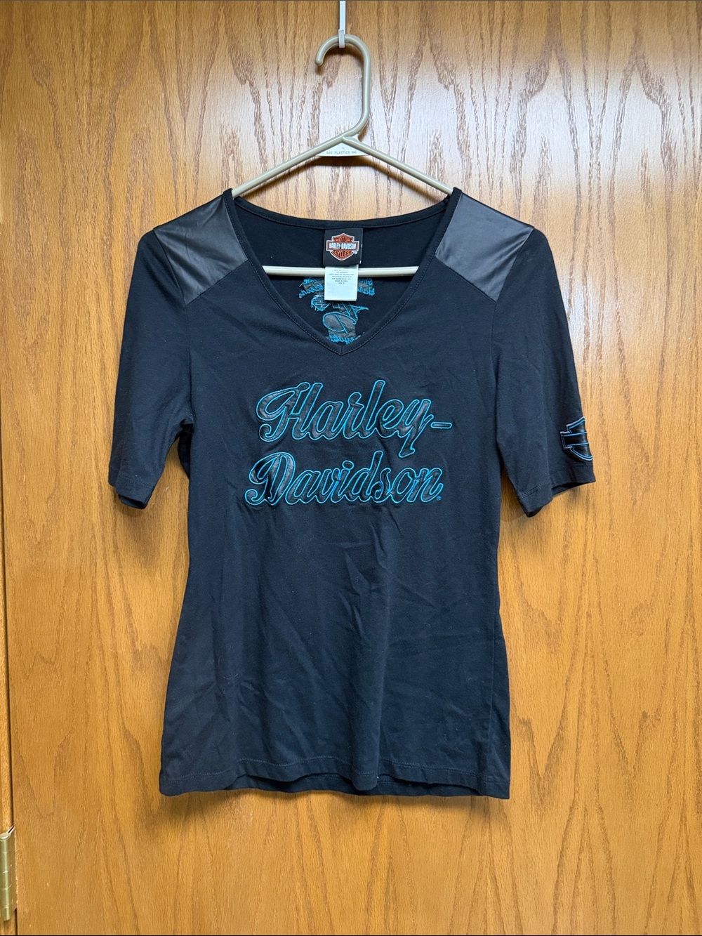 Harley-Davidson Black Short-Sleeve V-Neck Tee with Teal Script